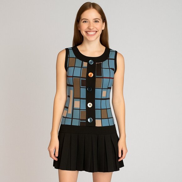 Dresses & Skirts - New Nana Baila Paris France Small Retro 1960s Mini Button Dress Geometric Blue